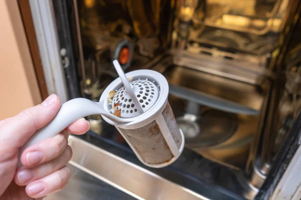 Техническое обслуживание и ремонт посудомоечной машины, рука держит грязный фильтр дренажа — стоковое фото