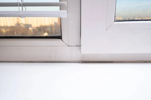 Detail Plastic Window Made Pvc Profiles Indoor View Sunny Day — Stock Photo, Image