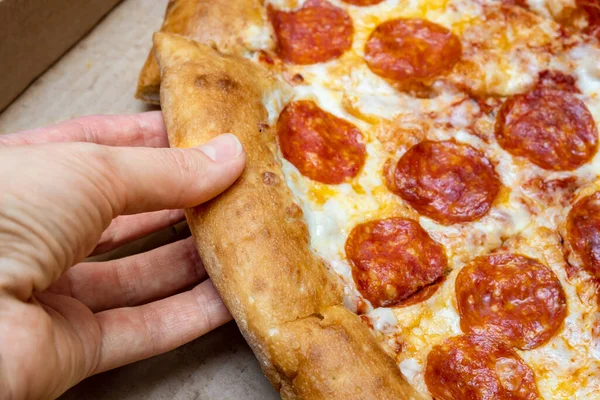 Hands Hungry People Taking Hot Delicious Italian Pepperoni Pizza Home — Stock Photo, Image
