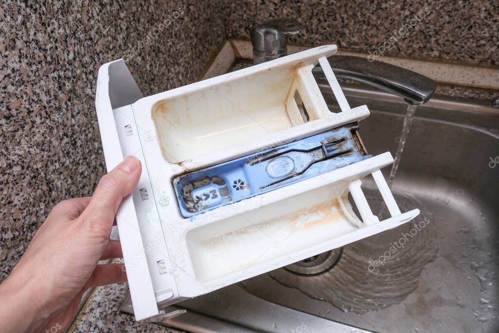 A person cleaning dirty moldy washing machine detergent and fabric conditioner dispenser drawer compartment. Mold, rust and limescale in washing machine tray. Home appliances periodic maintenance.