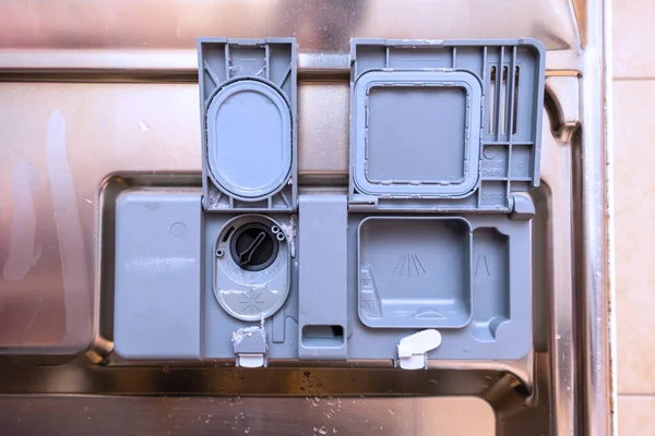 Plastic Detergent Conditioner Dispenser Dishwasher Open Container Compartment Dishwashing Machine — Stock Photo, Image