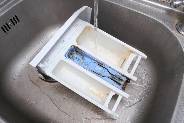 Limpeza Sujo Mofo Máquina Lavar Detergente Condicionador Tecido Compartimento Gaveta — Fotografia de Stock
