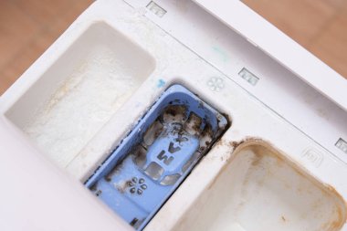 Kirli, küflü çamaşır makinesi deterjanı ve kumaş kremi kutusunun çekmecesini kapat. Küf, pas ve kireç rengi çamaşır makinesi tepsisi. Ev aletleri periyodik bakım kavramı