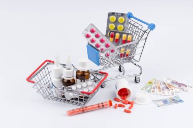 Shopping cart with medicines and moneys on white background