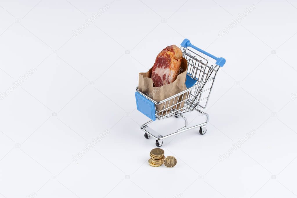 Shopping cart with meat and moneys on white background