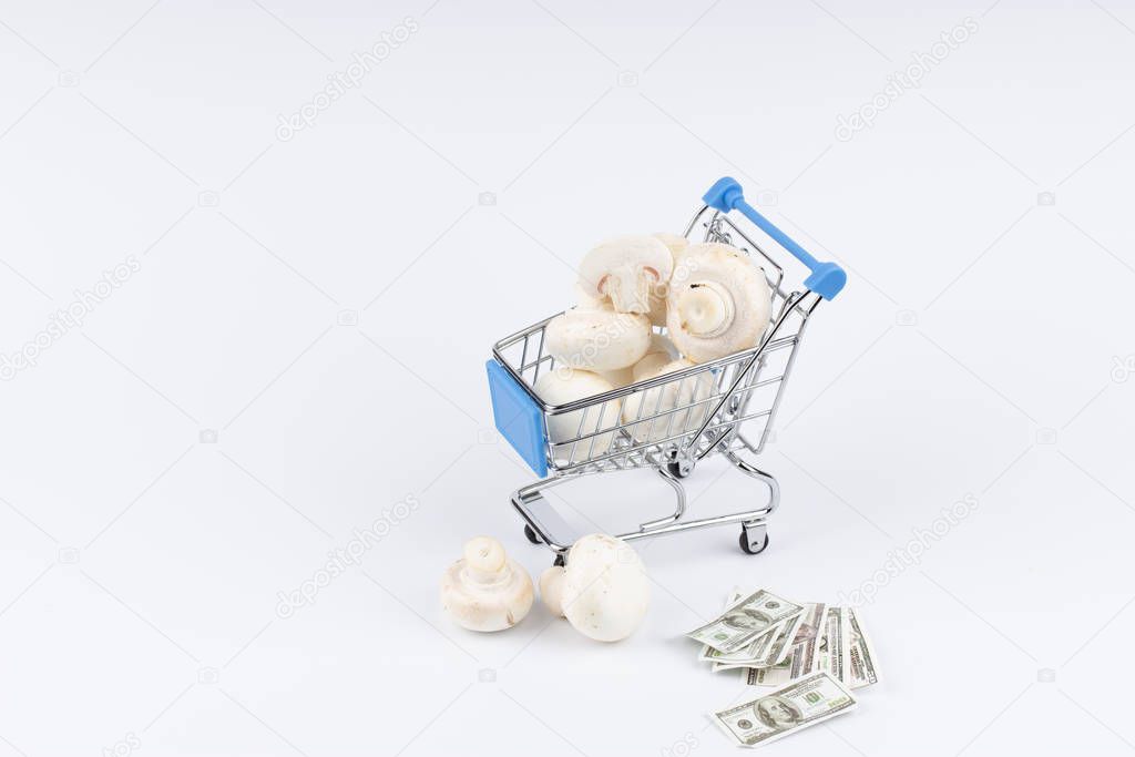 Shopping cart with champignons and moneys on white background