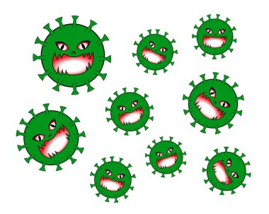 Coronavirus COVID-19 Beyaz Arkaplan Karakteri. Fly Mikrop Virüsü Enfeksiyonu ve Mikro Bakteri.