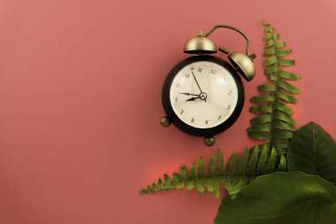 Pembe arka planda yumuşak odaklı bir saat. minimalist, şablon, 