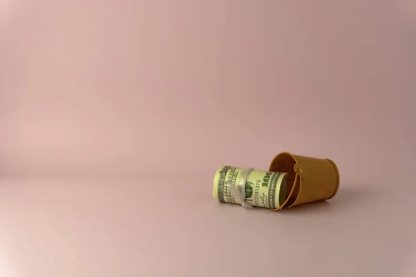 100 USD rollo dentro de un pequeño cubo aislado en color rosa — Foto de Stock