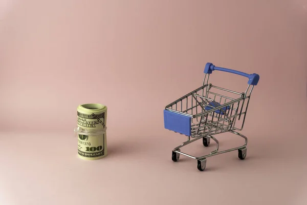 100 USD rollo interior pequeño carrito de compras aislar en rosa — Foto de Stock