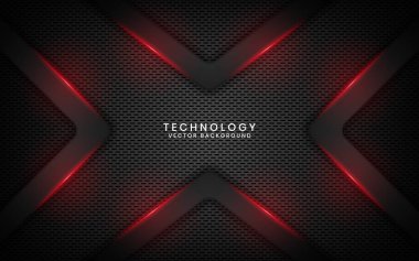 Soyut metalik siyah çerçeve düzeni modern teknoloji tasarım şablonu element kapağı, afiş, reklam, broşür, kart ve iniş sayfası için. Üst üste binen katmanlar kırmızı ışık dekorasyonu ile 3d efekti.