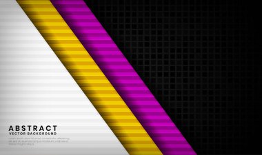 Modern soyut arka plan. Lüks renkli üçgen şekiller. Afiş, kapak ve broşür elementleri için beyaz, sarı ve mor renkli koyu renk uzayda üst üste biner. Ahşap çizgili desen