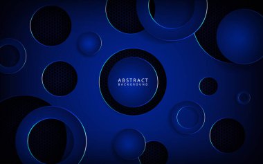 Metalik mavi daire arka plan örtüşmesi koyu uzayda element iniş sayfası, pankart, broşür ve broşür için soyut bir biçime sahiptir..