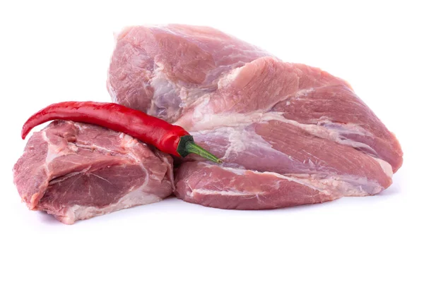 Pork Fillet Meat One Piece Burning Red Green Chili Peppers — Stock Photo, Image
