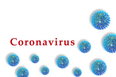 Coronavirus, virüs kavramı. Beyaz arkaplanda virüsün görüntüsü olan kırmızı metin. Boş alan.