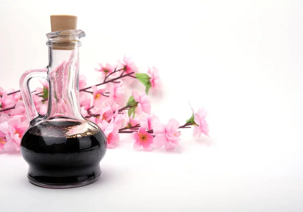 Bottle Soy Sauce Background Cherry Blossoms White Background Close — Stock Photo, Image