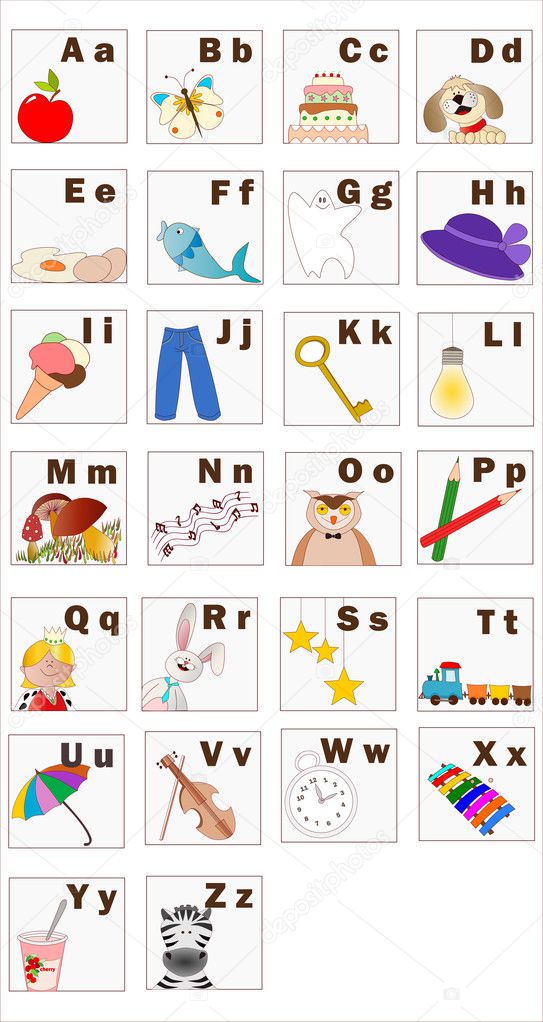 English alphabet with objects and letters