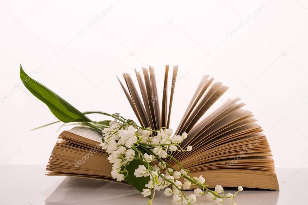 Old book and lily of the valley flowers isolated  on white backg