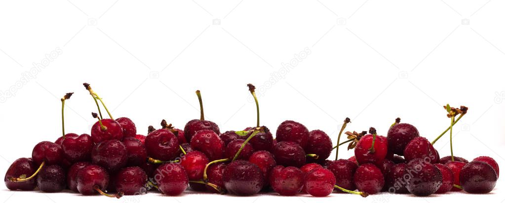 Wet cherries with water drops and soft light reflects