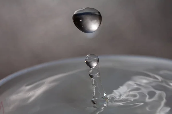 액체가 가득 한 유리잔 의표 면 위로 물방울이 떨어진다. — 스톡 사진