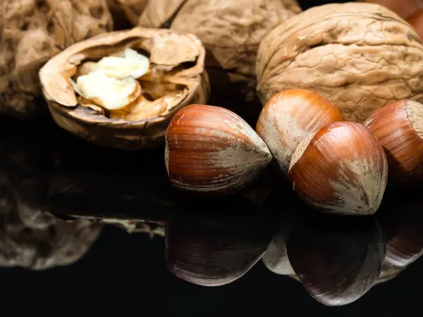 Stillleben Von Haselnüssen Und Walnüssen Essbare Sehr Fette Und Kalorienreiche — Stockfoto