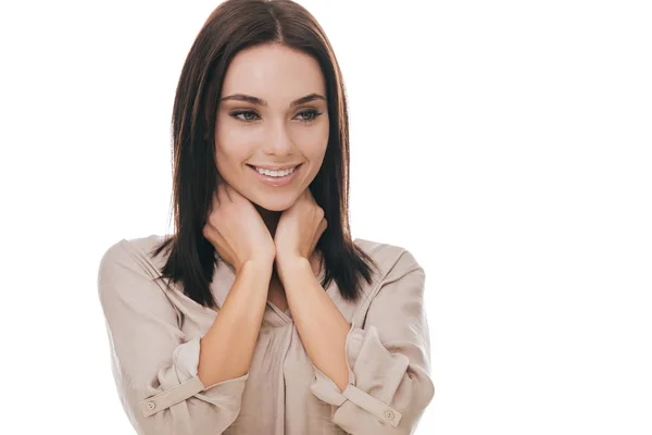 Brunette woman holding hands on neck — Stock Photo, Image