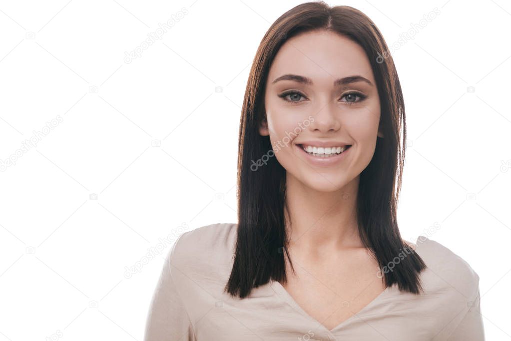 happy brunette woman