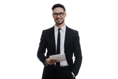 Dijital tablet ve gözlük ile işadamı