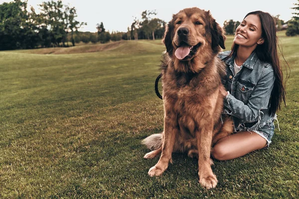 Žena sedí s velkým psem — Stock fotografie