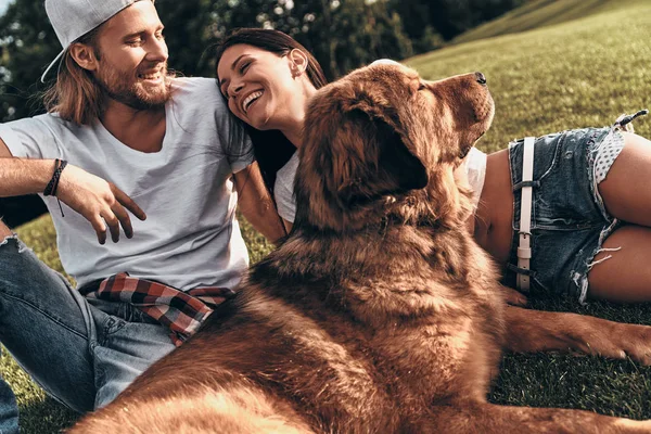 Пара, лежащая на траве с собакой — стоковое фото