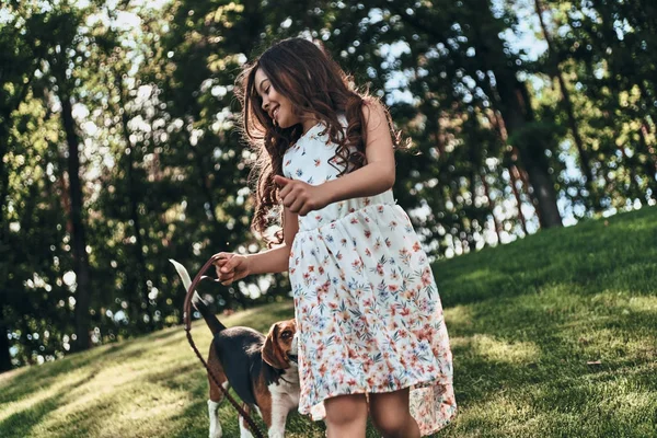 Kız ile Beagle köpek yürüyüş — Stok fotoğraf