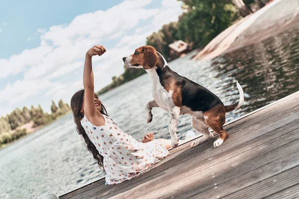 Pequena menina brincalhão com cão beagle — Fotografia de Stock