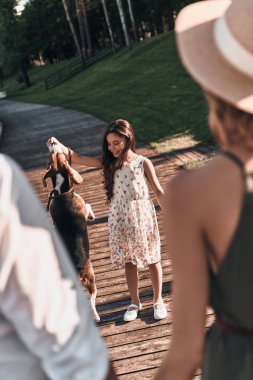 Beagle köpek ile oynayan kız 