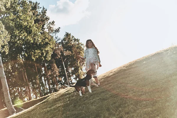ビーグル犬と歩いている少女 — ストック写真