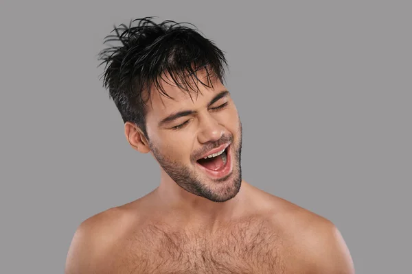 Shirtless Happy Man Unkempt Hair Keeping Mouth Open Eyes Closed — Stock Photo, Image