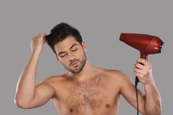Shirtless Handsome Young Man Drying His Hair While Standing Grey — Stock Photo, Image