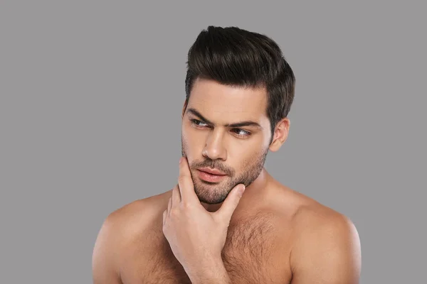 Shirtless Thoughtful Brunette Man Looking Away Keeping Hand Chin — Stock Photo, Image