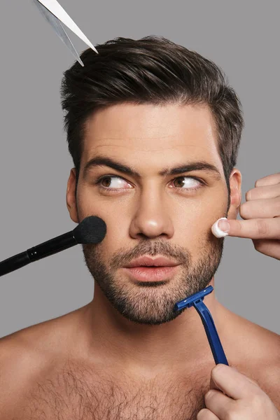 Headshot Confused Young Man Stylists People Hands Taking Care His — Stock Photo, Image