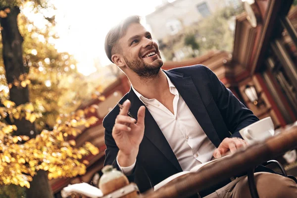 Good Looking Young Man Smart Casual Wear Smiling Looking Away — Stock Photo, Image