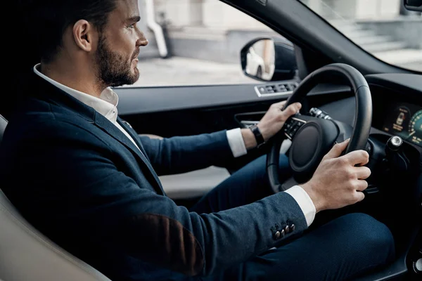 Handsome Young Man Suit Driving Car — Stock Photo, Image