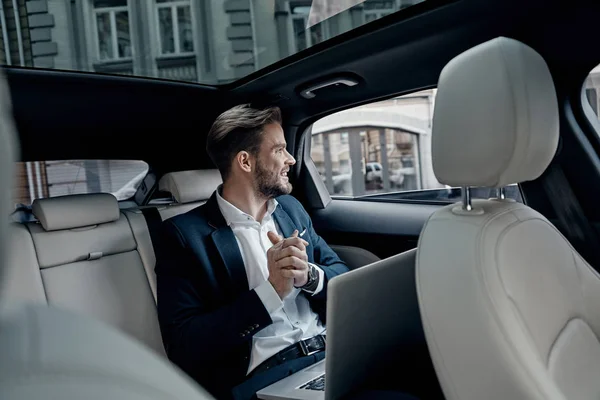 Happy Handsome Young Businessman Looking Window While Sitting Car — Stock Photo, Image