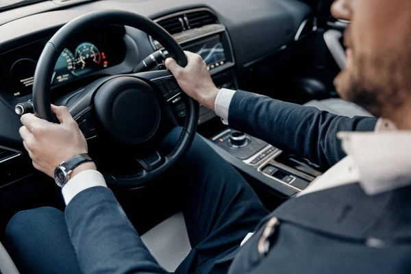 Man Formal Wear Keeping Hands Steering Wheel While Driving Luxury — Stock Photo, Image
