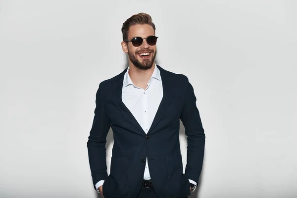 Handsome Young Man Full Suit Keeping Hands Pockets Looking Away — Stock Photo, Image