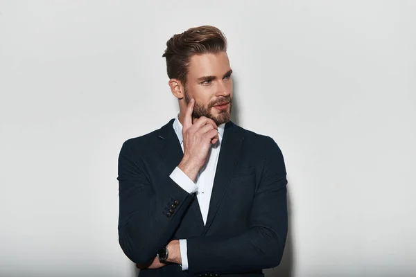 Thinking Handsome Young Man Formal Wear Looking Away Holding Finger — Stock Photo, Image