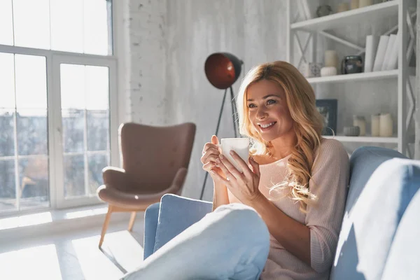 Attractive Blonde Woman Holding Tea Cup Looking Away Smile While — Stock Photo, Image