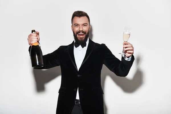 Happy Man Suit Holding Bottle Champagne Smiling Studio — Stock Photo, Image