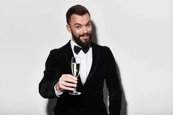 Handsome Young Man Suit Toasting Glass Champagne — Stock Photo, Image