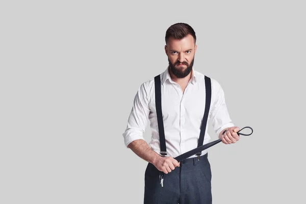 Cruel Angry Man Formal Wear Holding Belt Looking Camera While — Stock Photo, Image