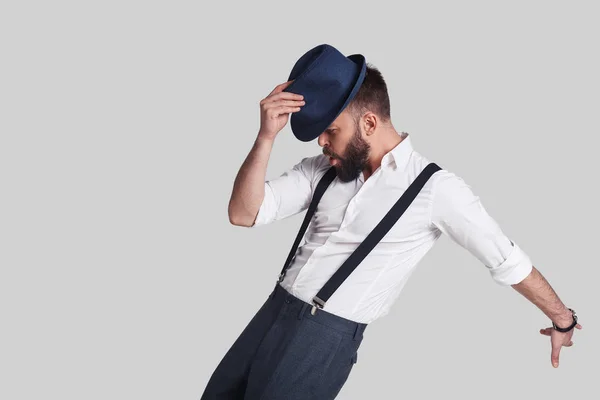 Handsome Young Man Suspenders Adjusting His Hat Making Face While — Stock Photo, Image
