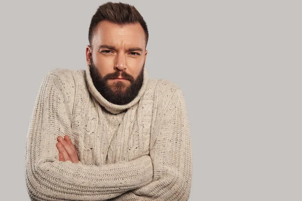 Cold Handsome Young Man Warm Sweater Keeping Arms Crossed Looking — Stock Photo, Image